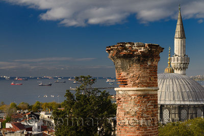 Detail of Sokollu Mehmet Pasha Mosque with minaret ruin overlooking the Marmara Sea Istanbul
