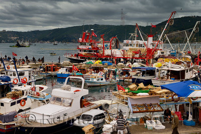 Sariyer Pier with fishing boats on the Bosphorus Strait at Yeni Mahalle Merkez Turkey