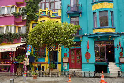 Colorful houses and restaurants on Yerebatan street in Sultanahmet Istanbul Turkey