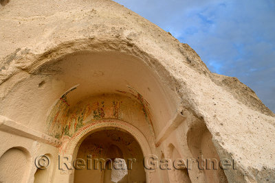 Ancient Church with frescoes carved out of volcanic tuff in the Red Valley Cappadocia Turkey