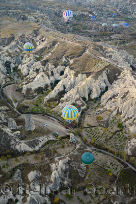 Aerial view from hot air balloon of the Red Valley and Goreme Nation Park in Cappadocia Turkey