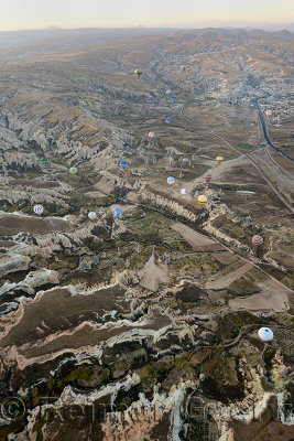 Aerial view of Zelve Valley with Rose and Red Valleys and Goreme from hot air balloon Cappadocia Turkey