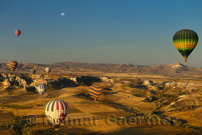 Farmland north of Love Valley Cappadocia Turkey in the morning with hot air balloons and moon