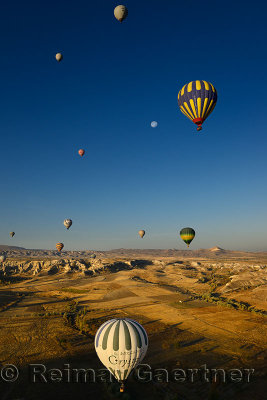 Hot air balloons over farm fields and Love Valley at dawn Cappadocia Turkey with moon