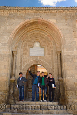 Students in the doorway of the Cappadocia Vocational School in Mustafapasa Turkey