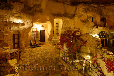 Urgup Evi rock house cave hotel at night in Cappadocia Turkey