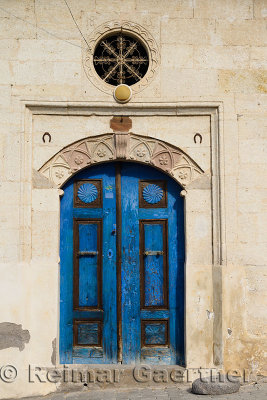 Deep blue door of stone house in Mustafapasa village Cappadocia Turkey