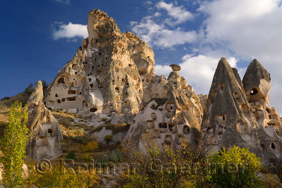 Ancient Uchisar Castle houses tunnels and pigeon roosts carved out of volcanic tuff Cappadocia Turkey