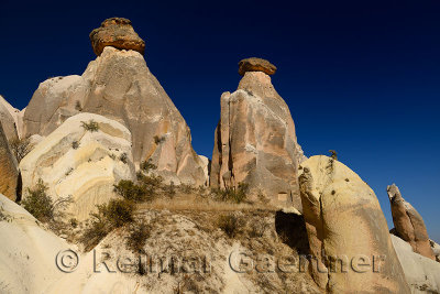 Fairy Chimneys with sphynx on the left with blue sky west of Urgup Turkey
