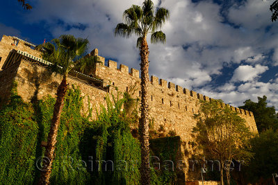 Roman stone wall or Kaleici surrounding Antalya harbour Turkey with palm trees