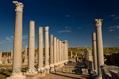 Colonade of ancient pillars at Agora of Perge ruins Turkey with hilltop Acropolis