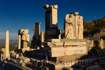 Stone reliefs at Memmius Monument at top of Curetes street beside the State Agora in ruins of ancient Ephesus Turkey