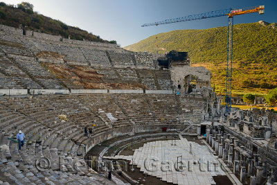 Reconstruction work at the ancient Ephesus grand theatre on Mount Panayir with Mount Babul in sun