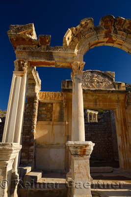 Ornate stone carving of the Temple of Hadrian with bust of Tyche Goddess of the city of Ephesus Turkey