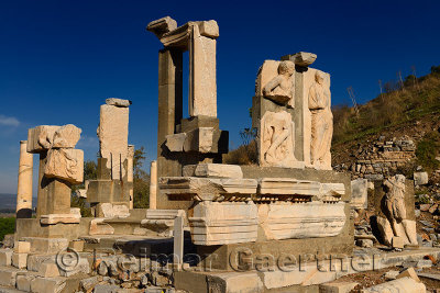 Stone relief reconstruction at Memmius Monument at top of Curetes street beside the State Agora in ruins of ancient Ephesus Turk