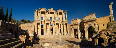 Panorama of the ruins of Library of Celsus and gate to the Agora of ancient Ephesus Turkey
