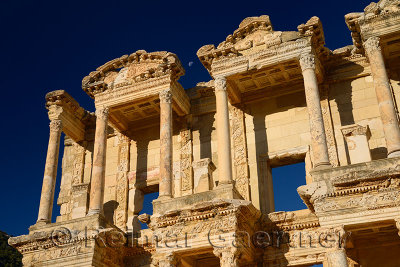Detail of top of facade of the Library and Mausoleum of Celsus with moon at ancient city of Ephesus Turkey