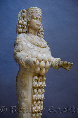 Side view of statue of the Mother Goddess Artemis of Ephesus at Selcuk Museum Turkey