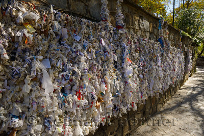 Wishing wall with tied note petitions to the Virgin Mary at her restored house near Ephesus Turkey