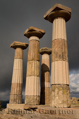 Four Doric columns at the acropolis ruins of the temple of Athena at Assos Behramkale Turkey