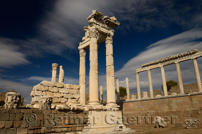 Partially restored white marble corinthian colums at Trajan Temple at Pergamon archeological site Bergama Turkey