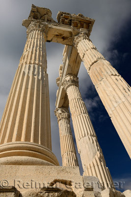 Looking up to the crumbling corinthian colums at ancient Pergamon at Bergama Turkey