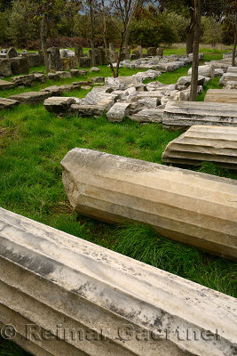 Collection of blocks and columns excavated from archeological site at ancient Troy Hisarlik Turkey
