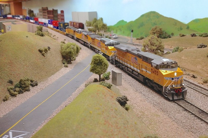 Four contemporary UP diesels up front.