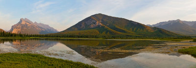 Mount Rundle and Sulphur Mountain, reflected in the 1st Vermillion Lake