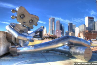 Waiting for a Train sculpture and Dallas Skyline