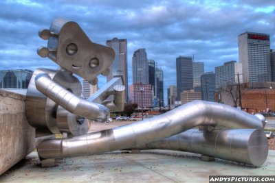 Waiting for a Train sculpture and Dallas Skyline