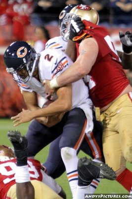 Chicago Bears QB Jason Campbell gets sacked by San Francisco 49ers DE Justin Smith
