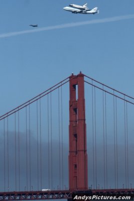 Space Shuttle Endeavor flys over the Golden Gate Bridge