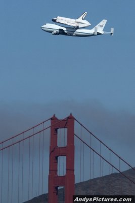 Space Shuttle Endeavor flys over the Golden Gate Bridge