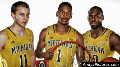 Michigan Wolverines forwards Nik Staukas and Glenn Robinson III with guard Tim Hardaway Jr.