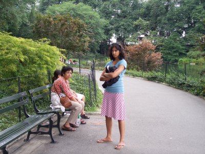 Tired walkers in park