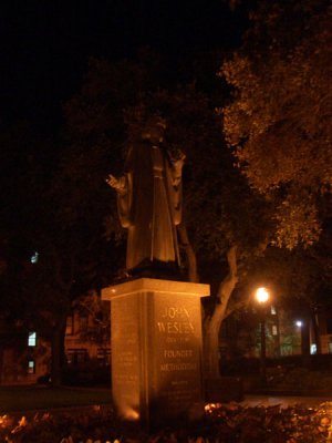 John Wesley watches over Savannah at night