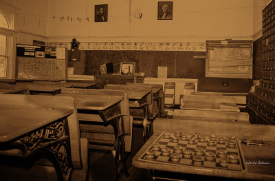 Being able to see the inside of a restored country school is a real treat. Here is the inside of Harmony Country School house located just south of Nebraska City NE. The upper part of the wall and ceiling is covered in tin.
An image may be purchased at http://fineartamerica.com/featured/harmony-classroom-sepia-edward-peterson.html
