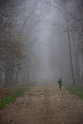 Running person disappearing in fog running along the alleys