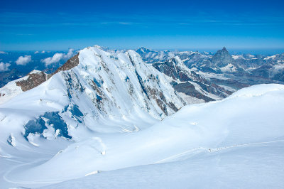 Lyskamm 4527m, Breithorn 4164m and Matterhorn 4478m