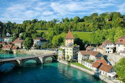 View of Aare riverside with Untertorbrücke, Bern
