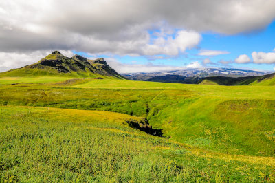 View towards Búrfell and Katla behind, Mýrdalur