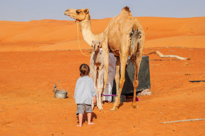 Aleksander with camels, Wahiba Sands
