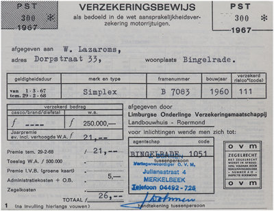 bromfietsverzekeringsbewijs uit 1967