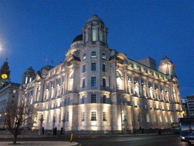 Port of Liverpool building illuminated