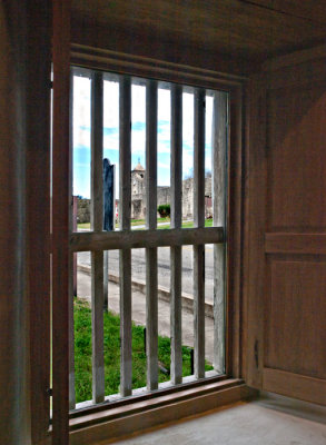 Looking out window to La Presidio La Bahia  