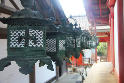 The Tamukeyama Shrine was destroyed in 1180 and rebuilt in 1250.  Bronze lanterns at the shrine.