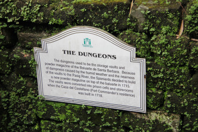 Sign describing how the Spanish originally used the dungeons as storage vaults for gun powder.