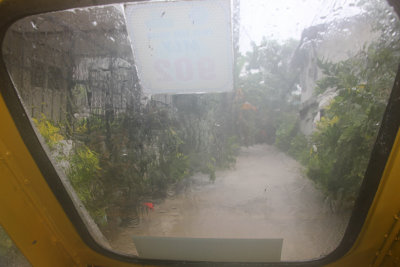 View of the rain through the trike window.