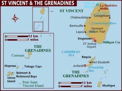 Map of St. Vincent & the Grenadines with the star indicating the capital, Kingstown.